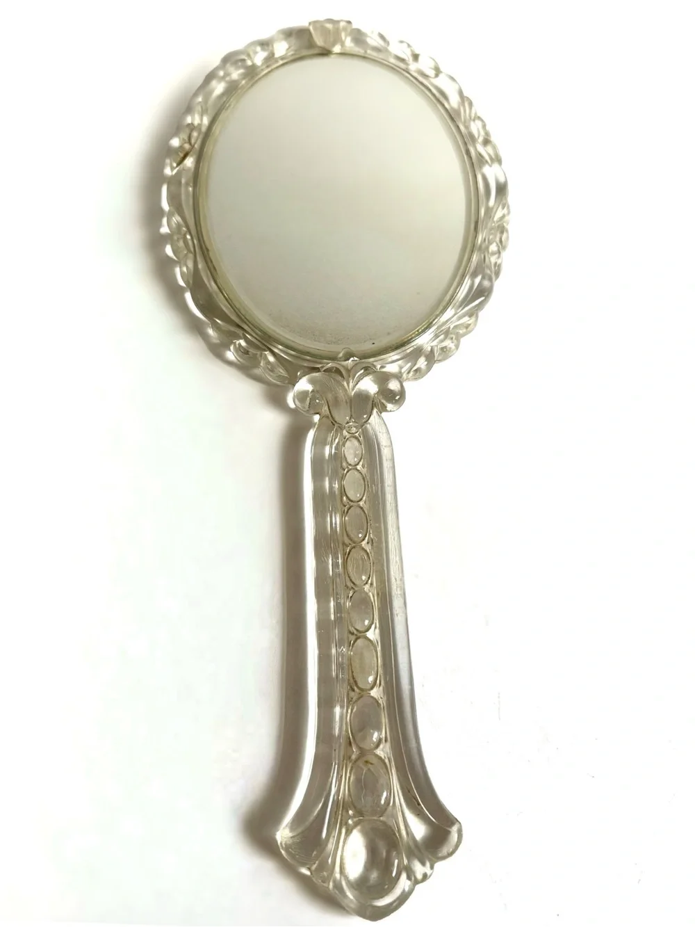 Vtg Clear Lucite Double Sided Vanity Hand Mirror Hollywood Regency Boudoir MCM